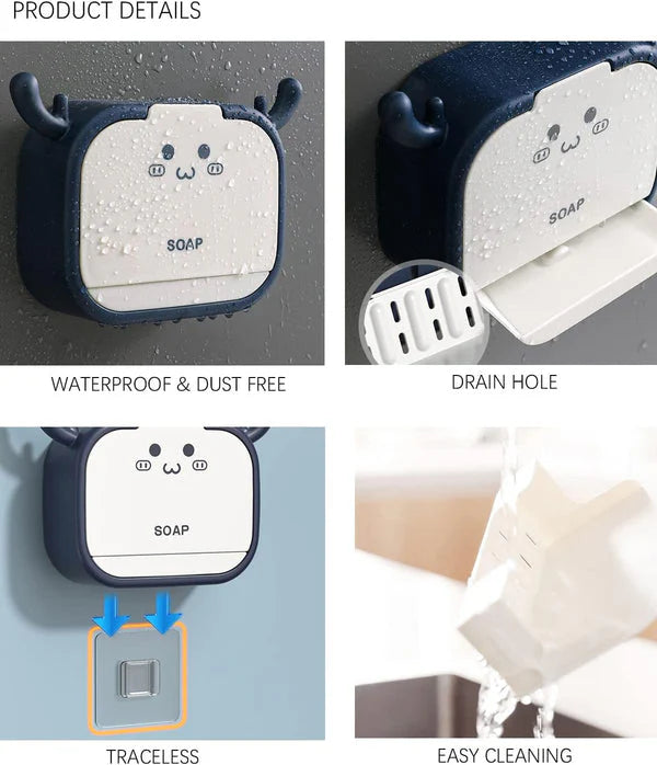 pack of 2 Wall-Mounted Deer-Shaped Soap Box with Flip Drain and Tray