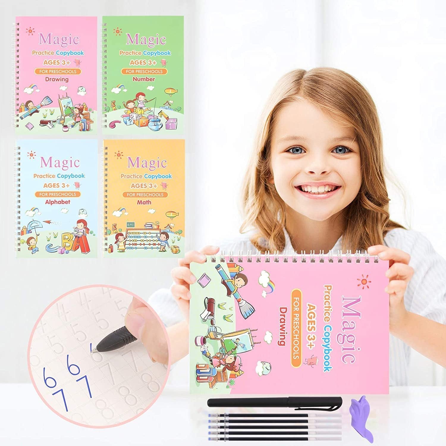 Sank Magic Practice Copybook (4 Books – 1 Pen – 10 Refills – 1 Pen Holder)